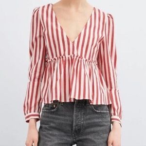 ZARA Red/White Stripe V-Neck Ruffle Peplum Blouse S